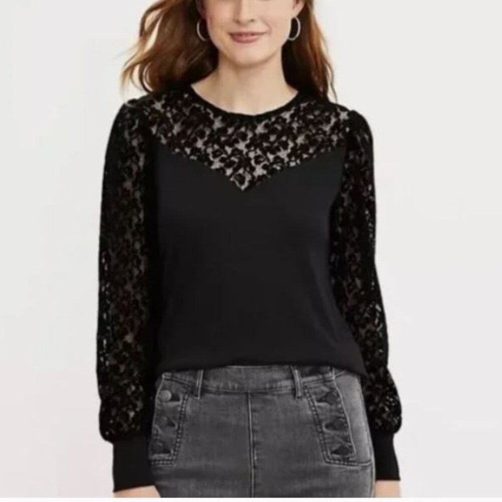 LOFT Black Lace Yoke & Sleeve Long-Sleeve Blouse
